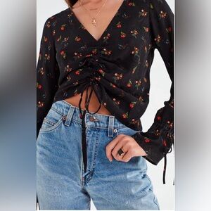 Black Urban Outfitters Deep-V Cinched Floral Blouse